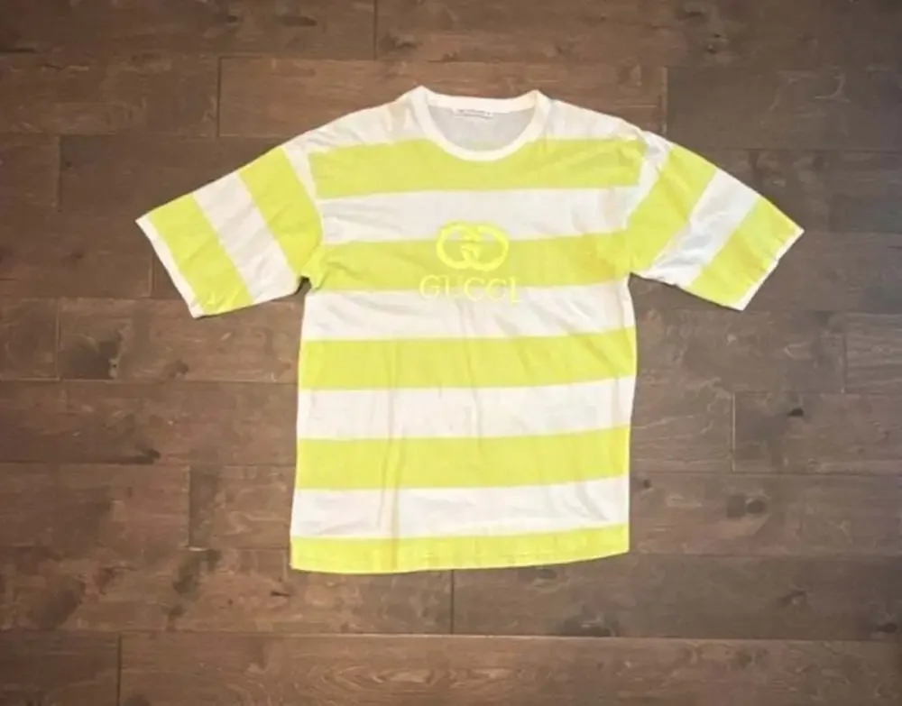 80’s Vintage Gucci Lime Yellow and White Striped Cotton Double G Logo T-Shirt
